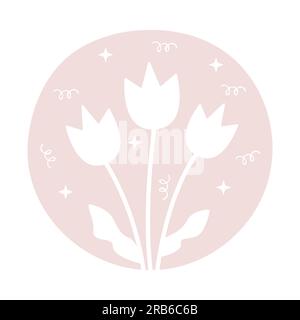 Three tulips with leaves in circle, light beige and white, piglet, peach color Stock Vector