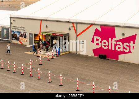 Belfast Docks, Belfast, Northern Ireland, UK.  7 June 2023.  Cruise ship  passengers welcome centre and terminal accommodation for visitors on the doc Stock Photo