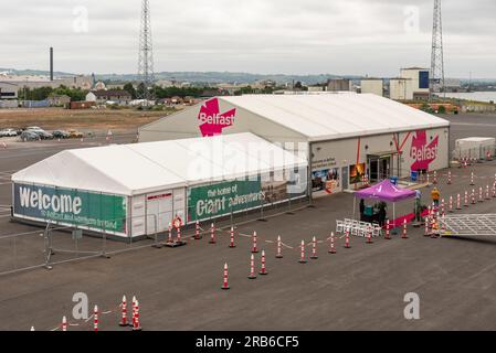 Belfast Docks, Belfast, Northern Ireland, UK.  7 June 2023.  Cruise ship  passengers welcome centre and terminal accommodation for visitors on the doc Stock Photo