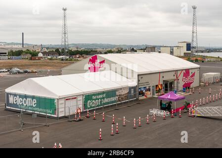 Belfast Docks, Belfast, Northern Ireland, UK.  7 June 2023.  Cruise ship  passengers welcome centre and terminal accommodation for visitors on the doc Stock Photo