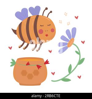 Cute bee, blue flower and jar of honey, colorful illustration Stock Vector
