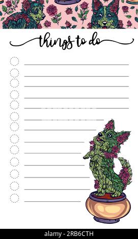 sheet to do list, green tree bushes with red roses in the form of cute corgis. seamless pattern with shape of domestic dogs rose bushes. Stock Vector