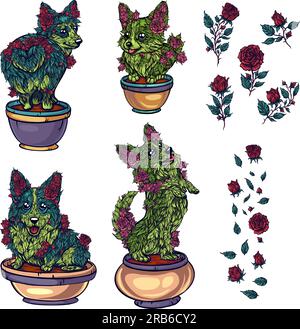 green tree bushes with red roses in the form of cute corgi. Formed bush, landscape design. Stock Vector