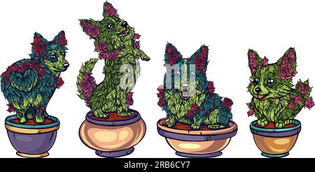 green tree bushes with red roses in the form of cute corgi. Formed bush, landscape design. Stock Vector