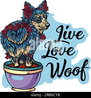 illustration of trees in the shape of a dog with pink flowers in a cartoon style with textures and the phrase "LIVE LOVE WOOF" Modern doodle vector il Stock Vector