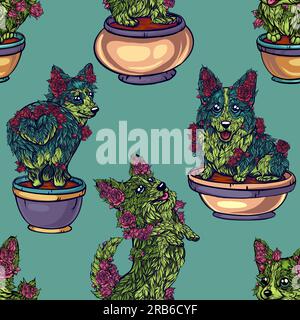 illustration of corgi shaped trees with pink flowers in cartoon style. seamless patterns with the shape of domestic dogs rose bushes. Stock Vector