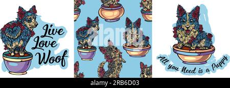 set of green tree bushes with red roses in the form of cute corgi. Formed bush, landscape design. Editable vector illustration isolated on white backg Stock Vector