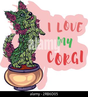 illustration of trees in the shape of a dog with pink flowers in a cartoon style with textures and the phrase "I LOVE MY CORGI" Modern doodle vector i Stock Vector