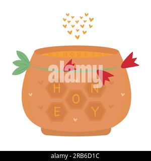 Cute jar with honey, clay pot, colorful illustration Stock Vector