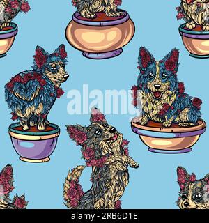 illustration of corgi shaped trees with pink flowers in cartoon style. seamless patterns with the shape of domestic dogs rose bushes. Stock Vector