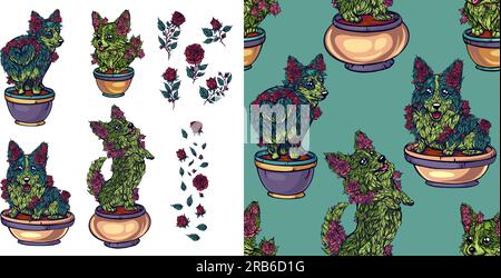 set of green tree bushes with red roses in the form of cute corgi. Formed bush, landscape design. Editable vector illustration isolated on white backg Stock Vector