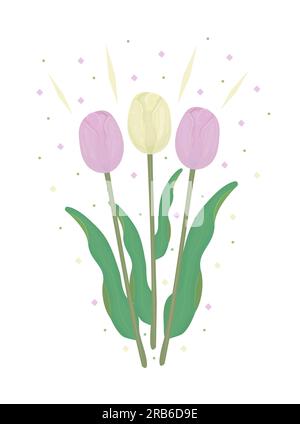 Pink and yellow tulips, three flowers, colorful illustration Stock Vector