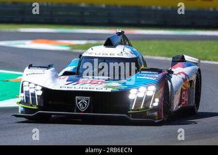 Monza, Italy. 07th July, 2023. Peugeot Totalenergies - Peugeot 9X8 Hybrid of Loic Duval (FRA) competes during the WEC FIA World Endurance Championship 6 Hours of Monza 2023 at Autodromo Nazionale Monza. (Photo by Fabrizio Carabelli/SOPA Images/Sipa USA) Credit: Sipa USA/Alamy Live News Stock Photo