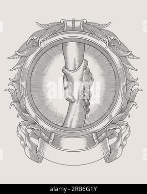 Helping hand concept. sign of help and hope. Two hands taking each other in antique frame engraving style Stock Vector