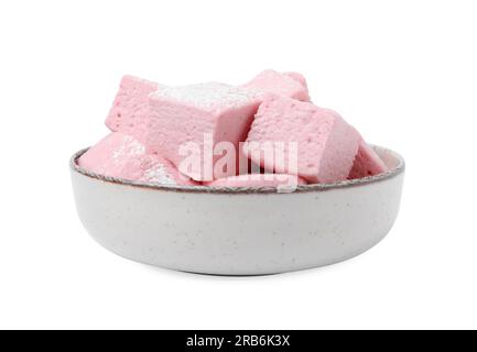 Bowl of delicious sweet marshmallows with powdered sugar isolated on white Stock Photo