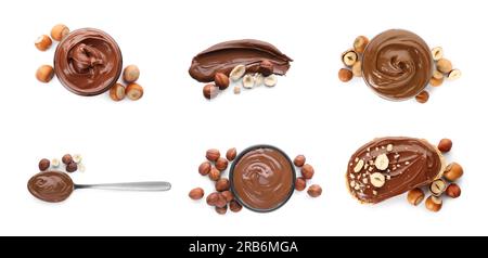 Yummy chocolate paste and hazelnuts on white background, top view. Collage design Stock Photo