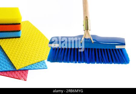 regular brooms brushes and sponges  isolated on white background Stock Photo