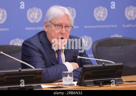 Ny, USA. 7th July, 2023. United Nations, New York, USA, July, 07 2023 - Martin Griffiths, Under-Secretary-General for Humanitarian Affairs and Emergency Relief Coordinator, briefs reporters on current humanitarian challenges today at the United Nations Headquarters in New York. Photo: Luiz Rampelotto/EuropaNewswire (Credit Image: © Luiz Rampelotto/ZUMA Press Wire) EDITORIAL USAGE ONLY! Not for Commercial USAGE! Stock Photo