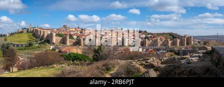 Panoramic view of Avila surrounded by medieval walls - Avila, Spain Stock Photo