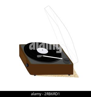 Retro record player flat vector in cartoon style. Vinyl player, gramophone, phonograph icon in doodle style. Hand drawing audio equipment illustration. Stock Vector