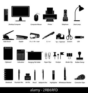 Set of office supplies flat silhouette vector on white background. Office supply icons with vocabulary. Stationery symbols. Items for office concept. Stock Vector