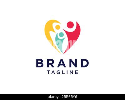 Abstract People Care Logo. Heart Icon with Human Family Symbol inside. Flat Vector Logo Design Template Element Stock Vector