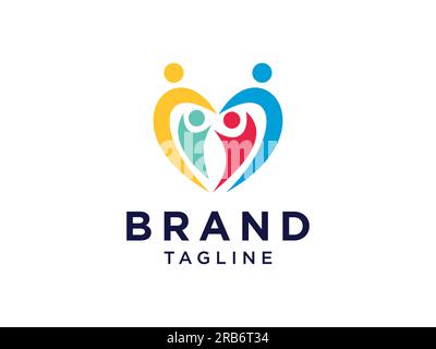Abstract People Care Logo. Heart Icon with Human Family Symbol inside. Flat Vector Logo Design Template Element Stock Vector
