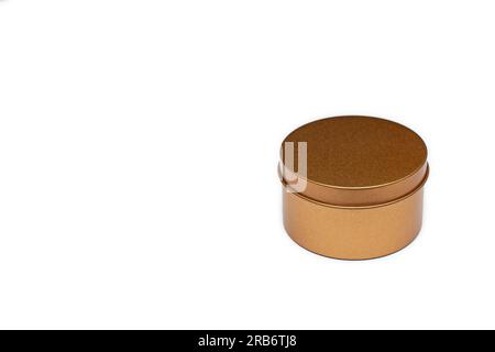 Box of golden gifts on white background with copy space. Stock Photo