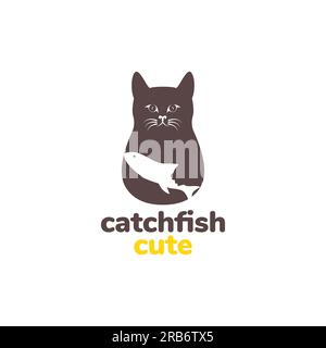 animal pets cat catching fish food hunter mascot logo design vector Stock Vector
