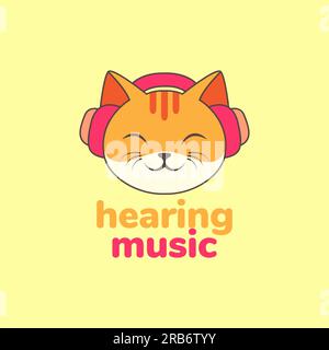 animal pets cat kitten hearing music headphone mascot cartoon logo design vector Stock Vector