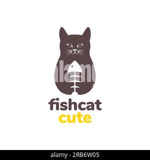 animal pets cat hold fish bones food mascot logo design vector Stock Vector