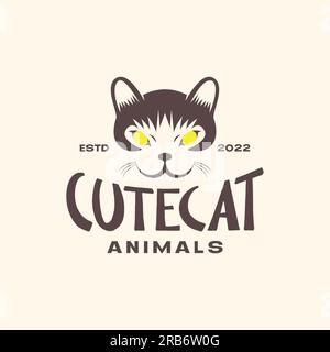 animal pets cat head smile vintage logo design vector Stock Vector