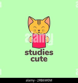 animal pets cat kitten reading book study mascot cartoon cute logo design vector Stock Vector