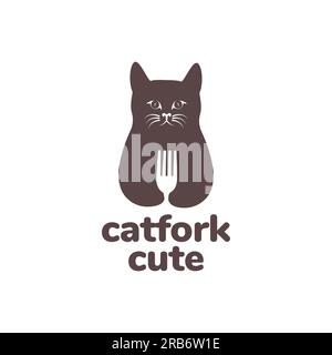 animal pets cat hold fork food mascot flat modern logo design vector Stock Vector