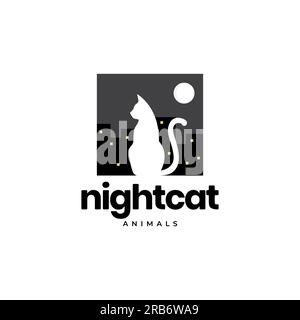 animal pets cat night moon city building logo design vector Stock Vector