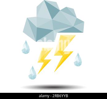 Polygon Lightning Bolt, rain and Cloud Icon on white background Stock Vector