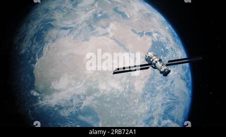 Illustration 3D animation of beautiful Earth planet spinning in outer space. Satellite flies in orbit on foreground, transmits global network signal. Modern space technologies, discovery and exploration concept. Stock Photo