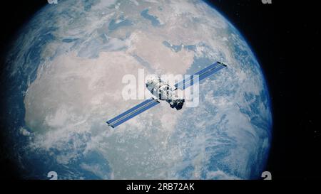 Illustration 3D animation of beautiful Earth planet spinning in outer space. Satellite flies in orbit on foreground, transmits global network signal. Modern space technologies, discovery and exploration concept. Stock Photo