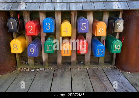 Colrful metal mailboxes Sea Village on Granville Island, Vancouver, BC, Canada Stock Photo