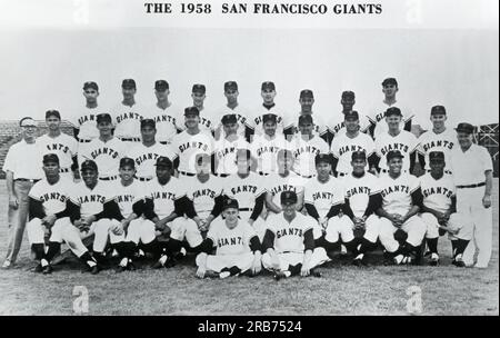 San Francisco, California.  1958 The new San Francisco Giants pose for their first team portrait at Seals Stadium after moving across the country from Brooklyn. Seated in front: Batboys Roy McKercher and Frank Iverlich First Row: Felipe Alou, Willie Mays, Jim Davenport, Willie Kirkland, Coach Wes Westrum, Manager Bill Rigney, Coach Herman Franks, Coach Salty Parker, Ruben Gomez, Orlando Cepada, Bill White. Second Row: Equipment Manager Eddie Logan, Don Johnson, Paul Giel, Nick Testa, Al Worthington, Jackie Brandt, Stu Miller, Danny O'Connell, Gordon Jones, Whitey Lockman, Daryl Spencer, Traine Stock Photo