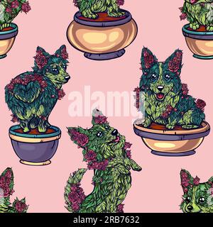 rose bushes in the form of cute corgi, color shades of sakura on the snow, seamless pattern with rose bushes in the form of domestic dogs. Stock Vector
