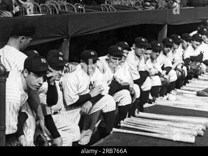 New York, New York:  1937. The New York Yankees in the dugout during the first game of the World Series which they won, 8-1 over the New York Giants at Yankee Stadium. Second year man Joe DiMaggio is at the far left. Stock Photo