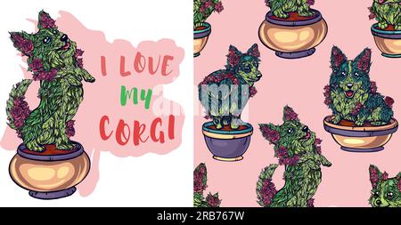 rose bushes in the form of cute corgi, color shades of sakura on the snow, seamless pattern with rose bushes in the form of domestic dogs. Stock Vector