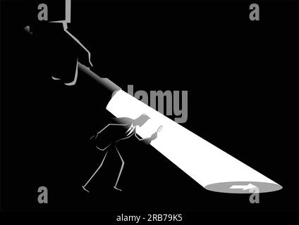 Business concept vector illustration of a businessman being guided by a hand holding a flashlight uncovering arrow sign. Stock Vector