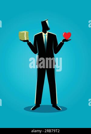 Business concept illustration of businessman holding a bank notes on his right hand and a heart symbol on his left hand Stock Vector