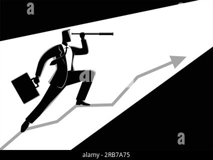 Black and white illustration of a businessman using telescope on graphic chart. Concept for forecast, prediction, success, planning in business Stock Vector