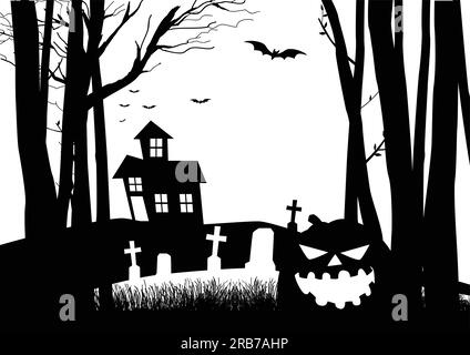 Black and white graphic illustration of a scary house and cemetery in the woods, for Halloween theme or background Stock Vector