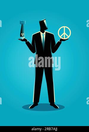 Graphic illustration of a man holding an atomic bomb on his right hand and a peace symbol on his left hand Stock Vector
