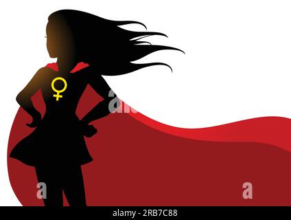 Illustration of a superheroine in red cape with female symbol Stock Vector