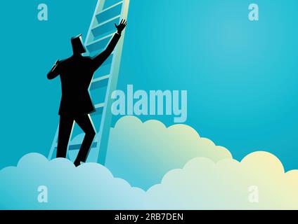 Business concept illustration of a businessman climbing a ladder above the clouds Stock Vector